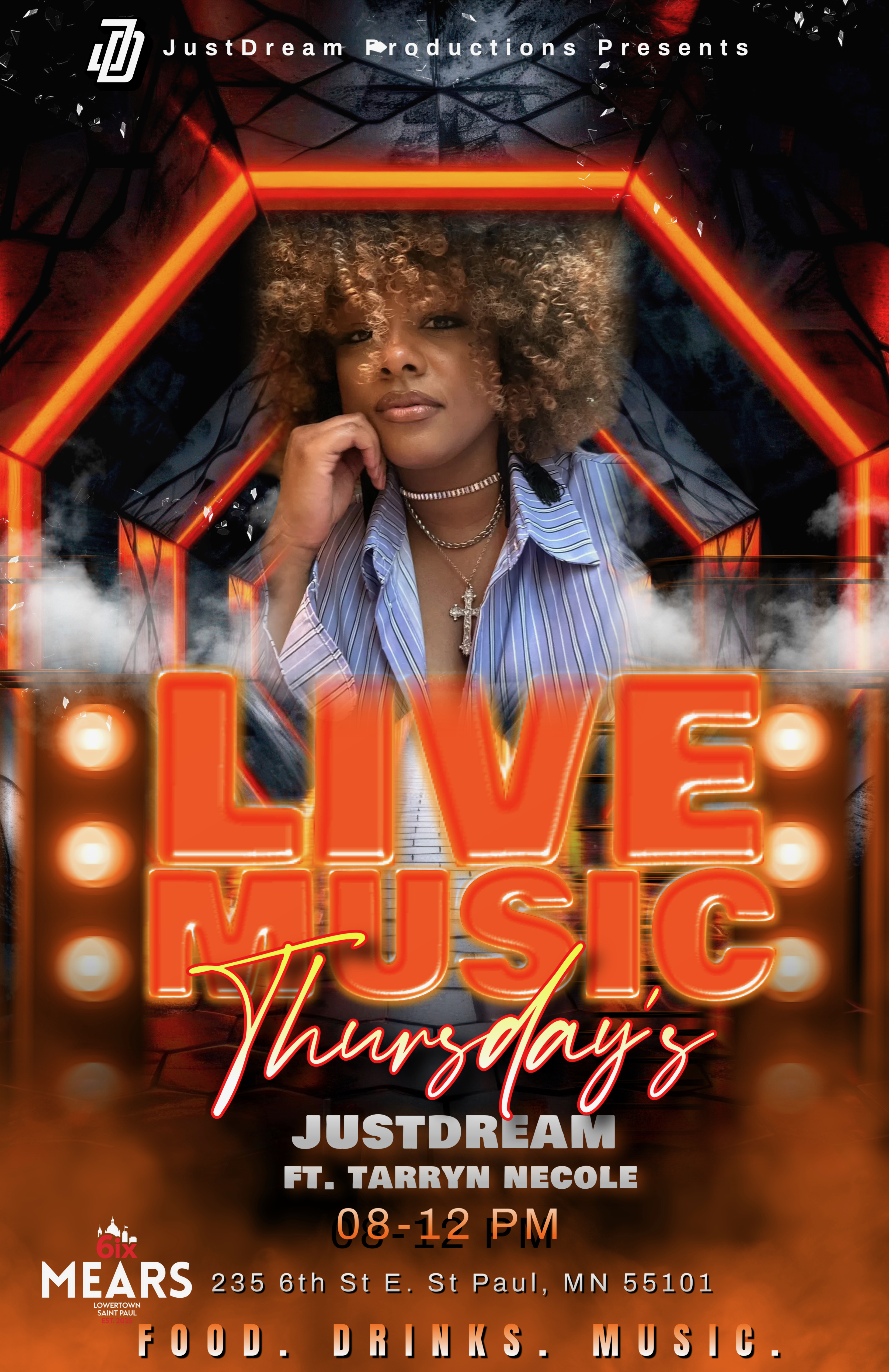 a woman with curly hair and a glowing sign