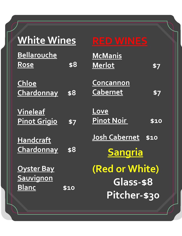 Brew Menu, Wine List & Packaged Goods Verona Inn