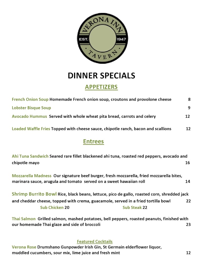 Menus | Verona Inn