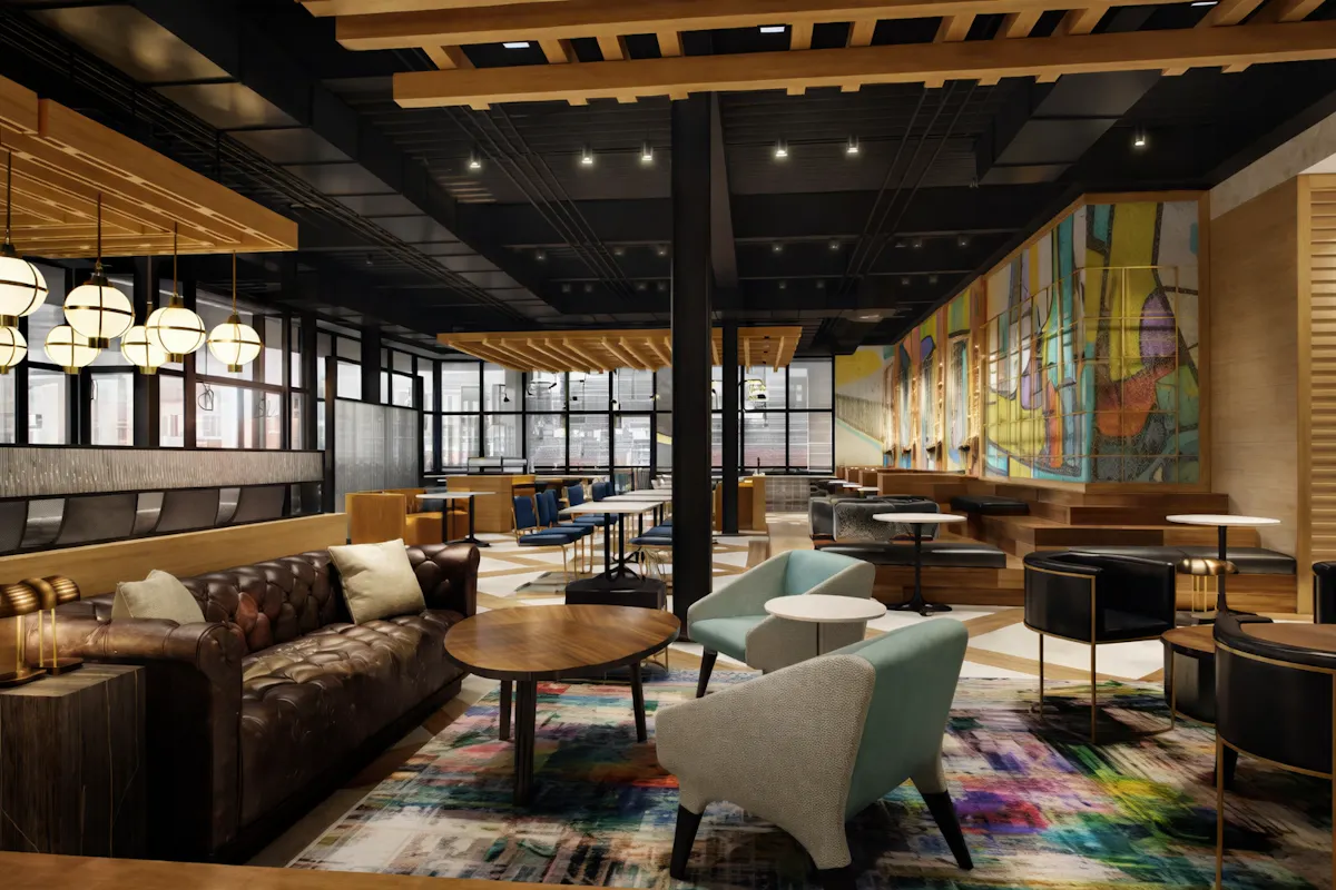 a room filled with furniture and a large window