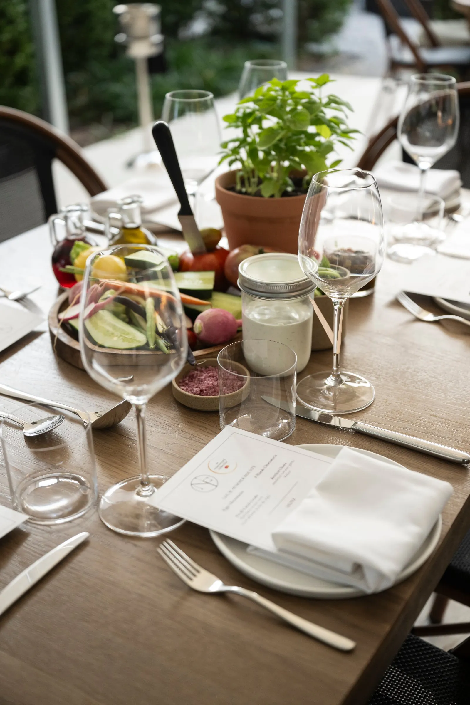 Table set for an outdoor dinner on the lawn