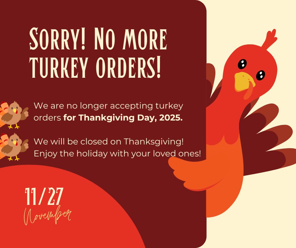 A cartoon picture that shows a turkey and BBQ2U ordering information