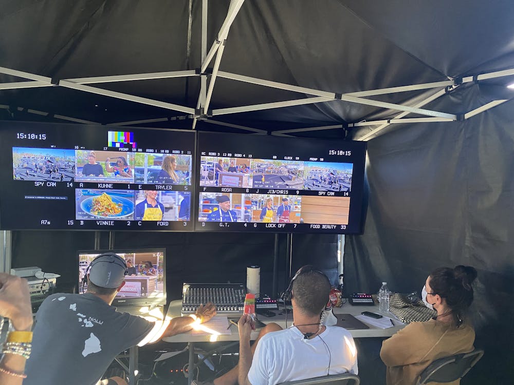 a production team watching behind the scenes monitors