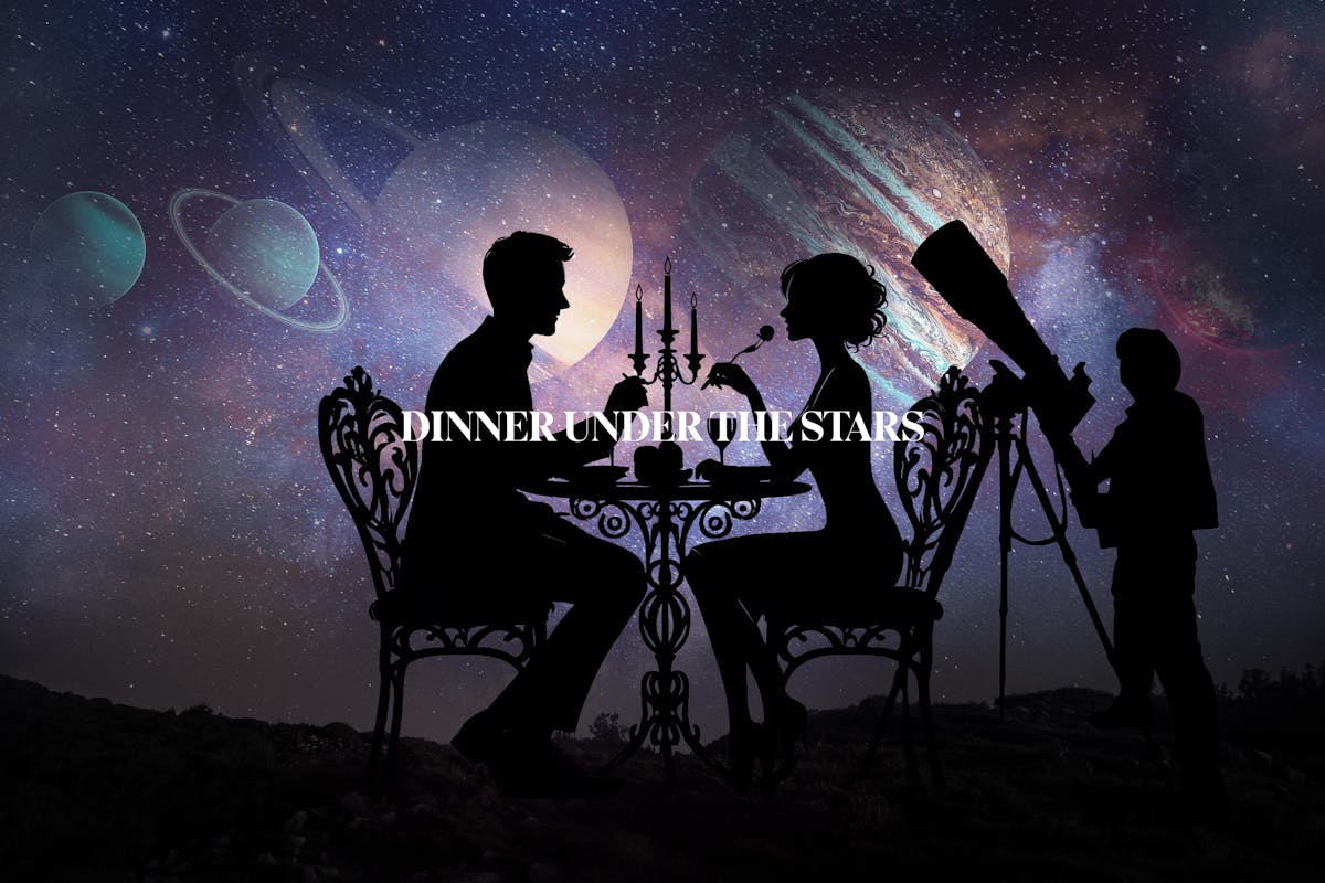 Illustration of a couple having dinner under a starry sky with a telescope next to them
