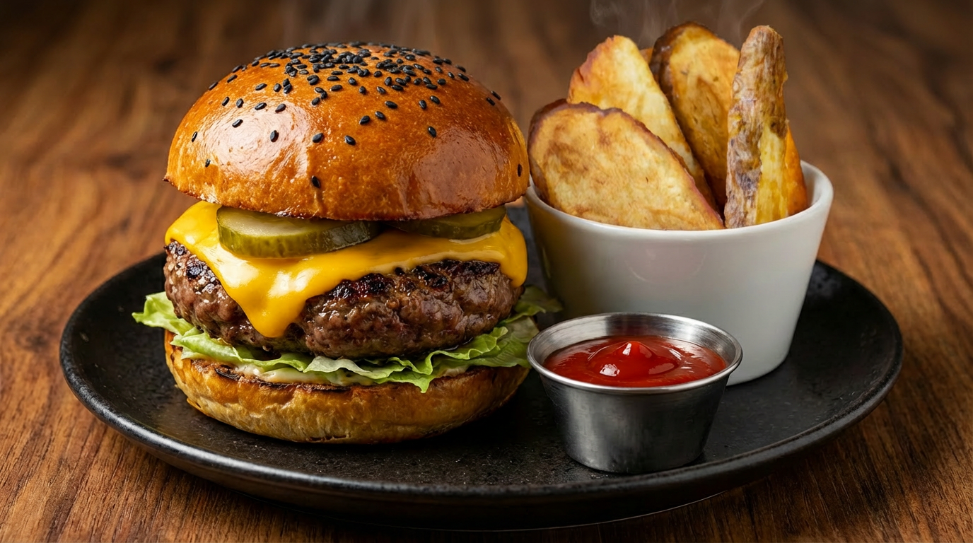 a burger with fries and ketchup