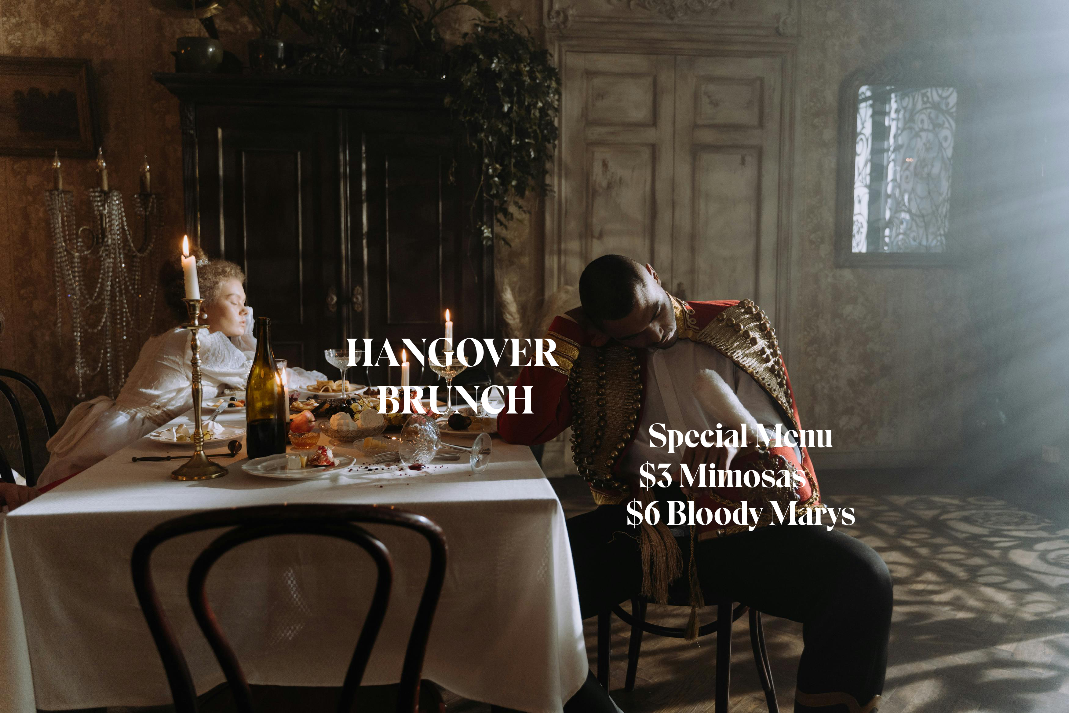 Two people hung over at a dinner table. This image is a period picture.