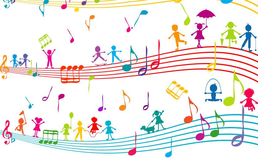 colorful musical notes and children playing