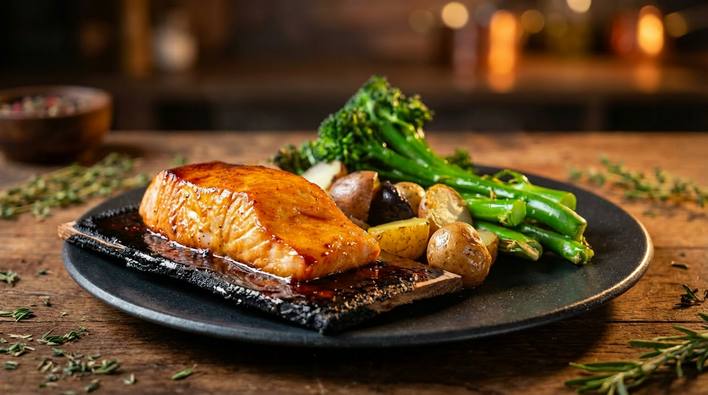 salmon dish served on a plank with potatoes and vegetables