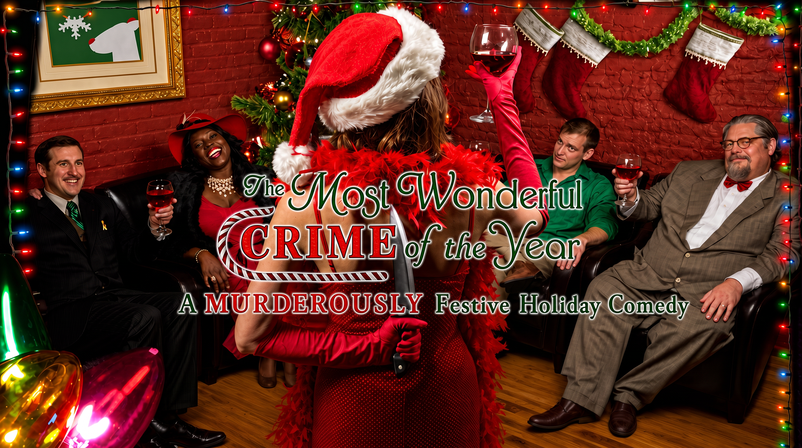 Movie style poster of lady her back turned towards us dressed in santa costume holding knife behind her back and cheers to a couple of people seated in front of her