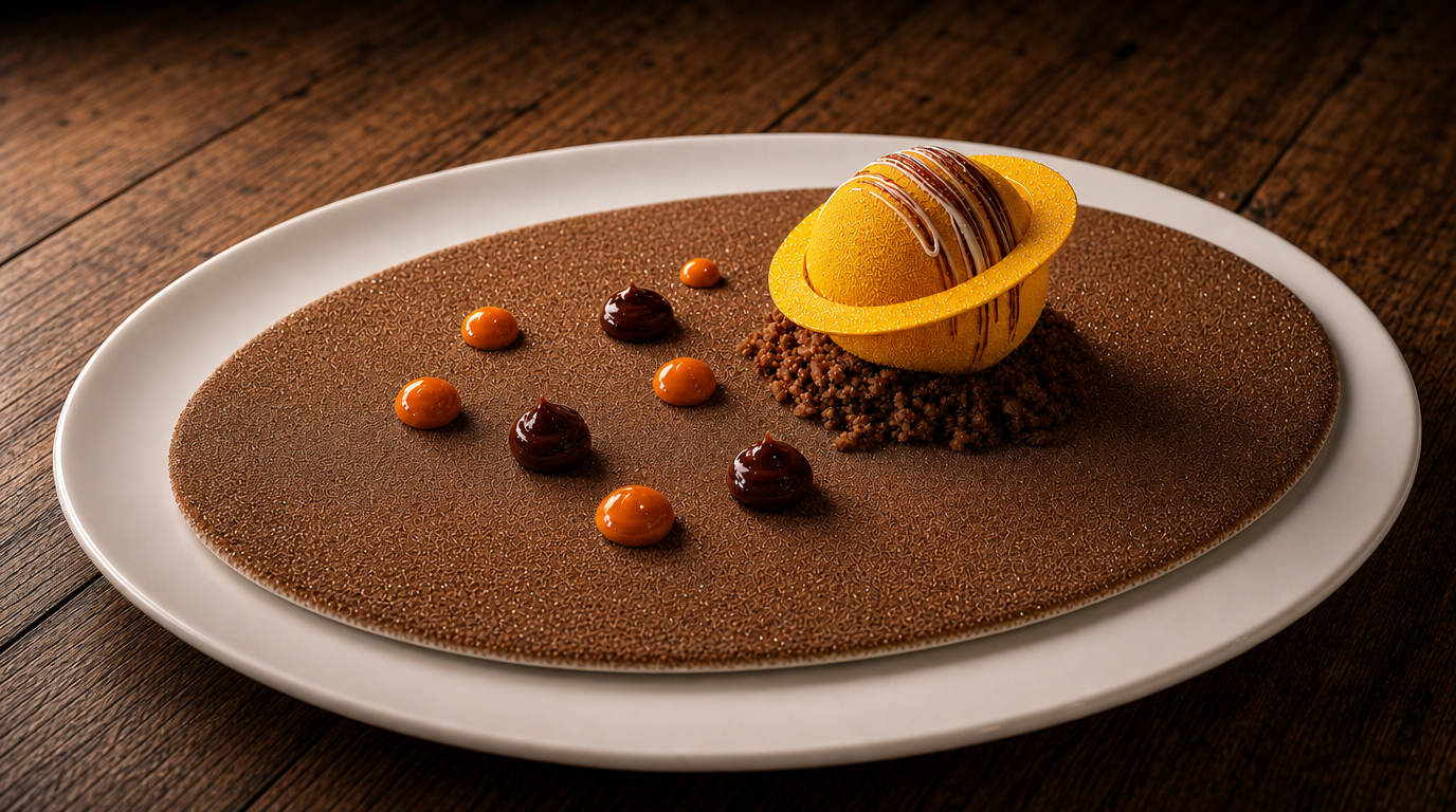 plated dessert that looks like yellow saturn with planets orbiting
