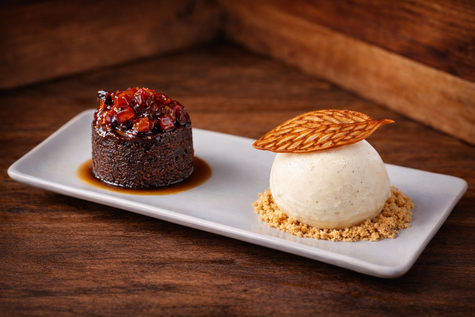 sticky toffee pudding dessert presented on a wooden table with garnishes