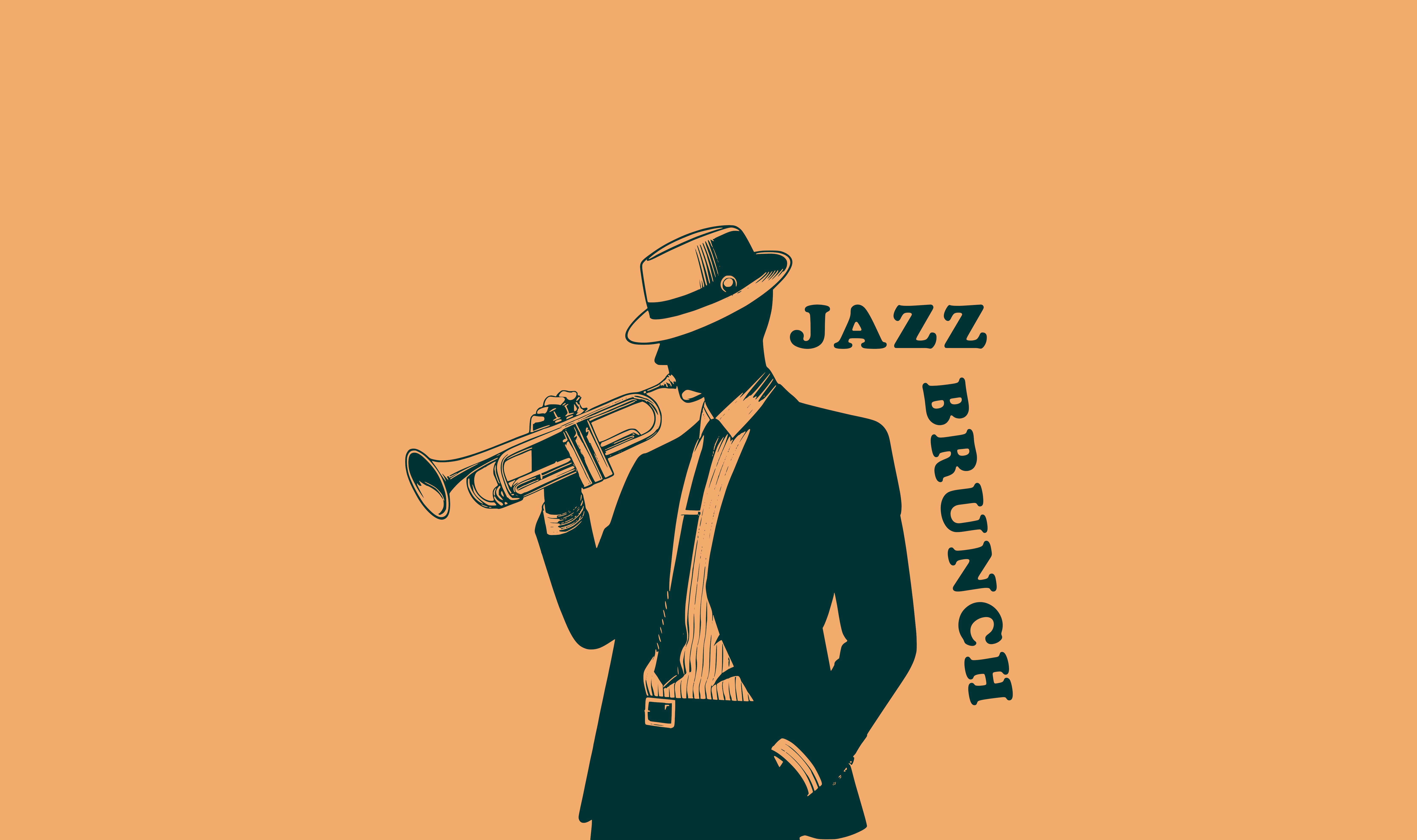 illustration of a man in a suit and hat playing the trumpet in Black & Orange