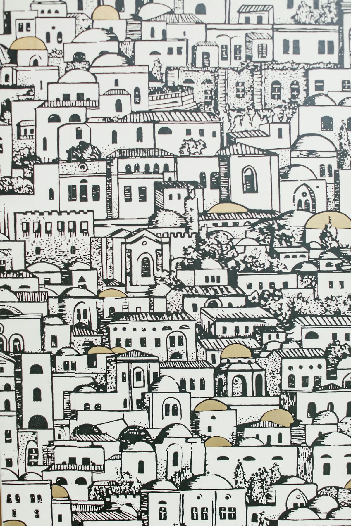 A drawing of small houses.
