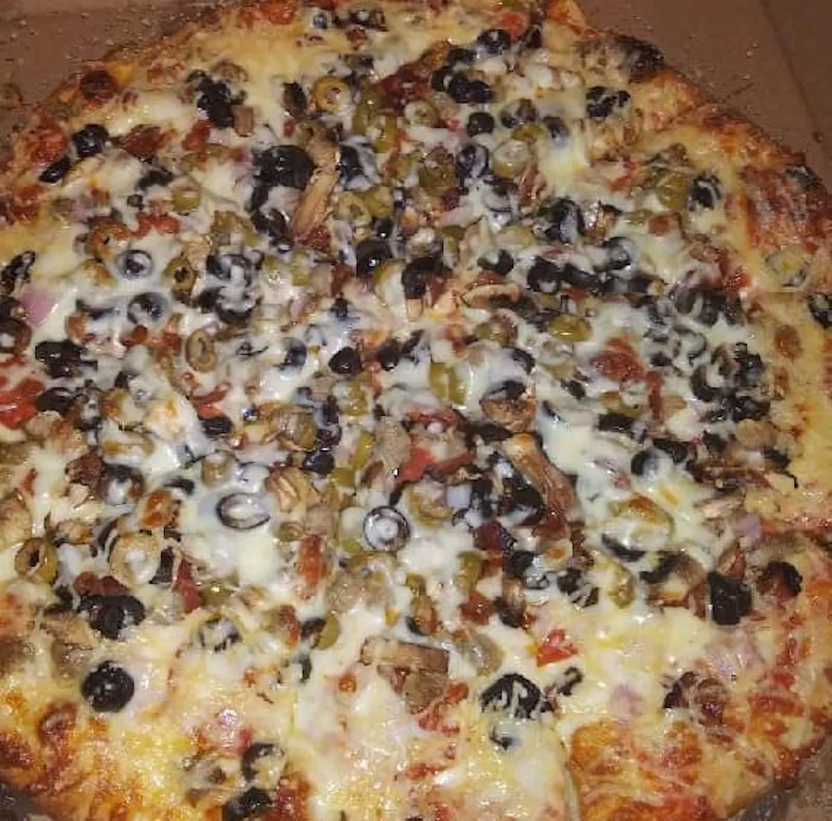 a large pizza covered in cheese and toppings