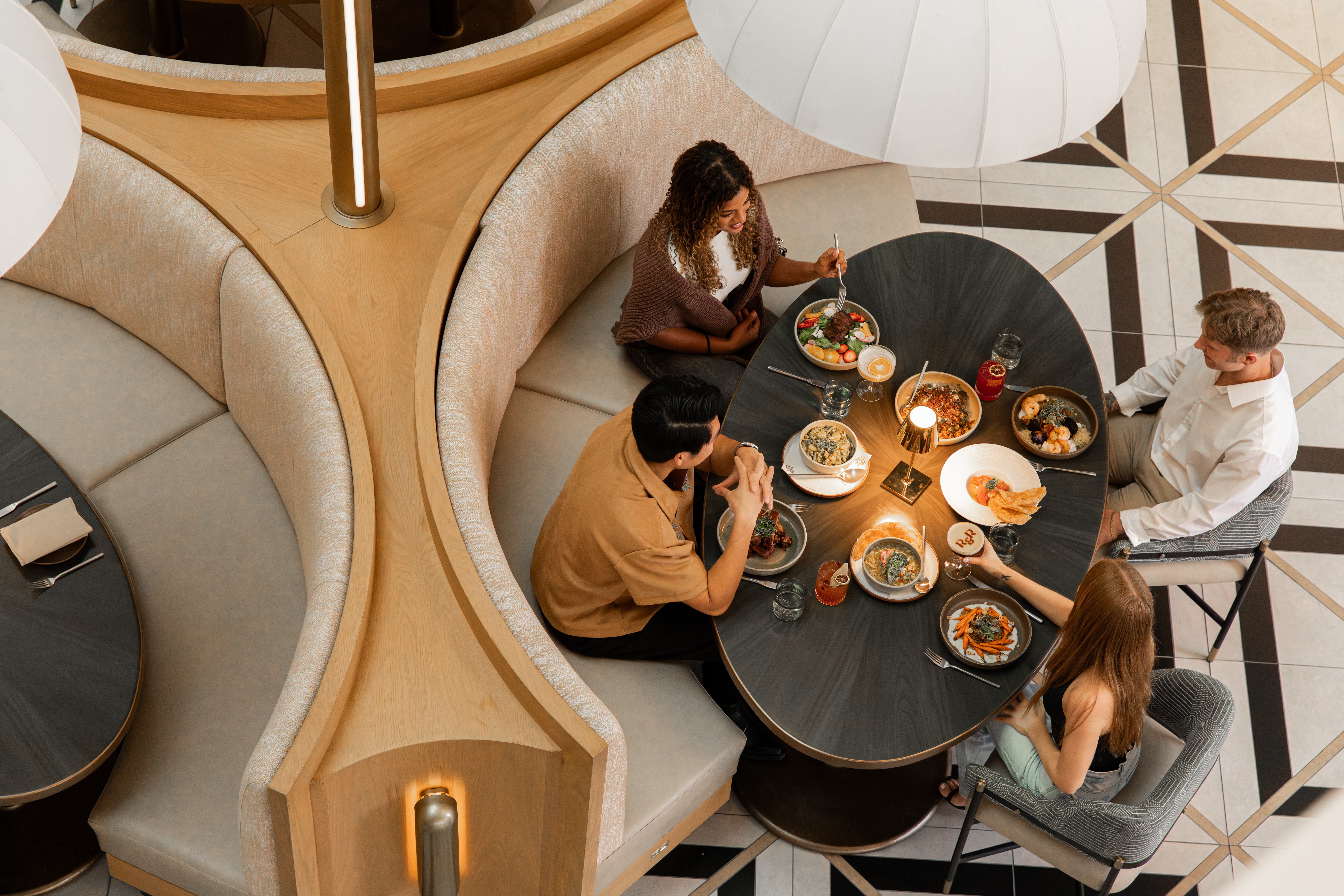a group of people eating at a table