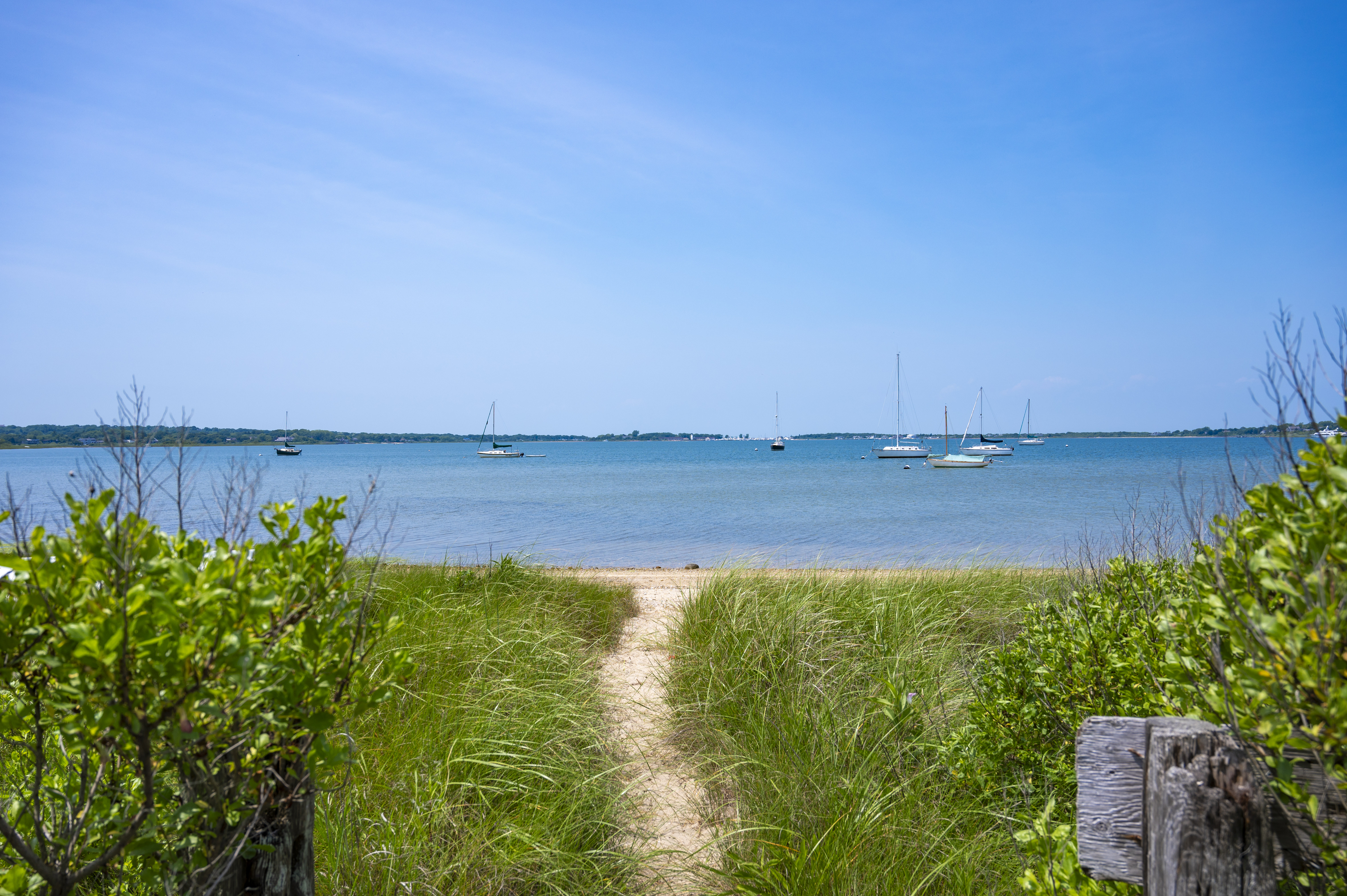a path to a body of water with boats in the water