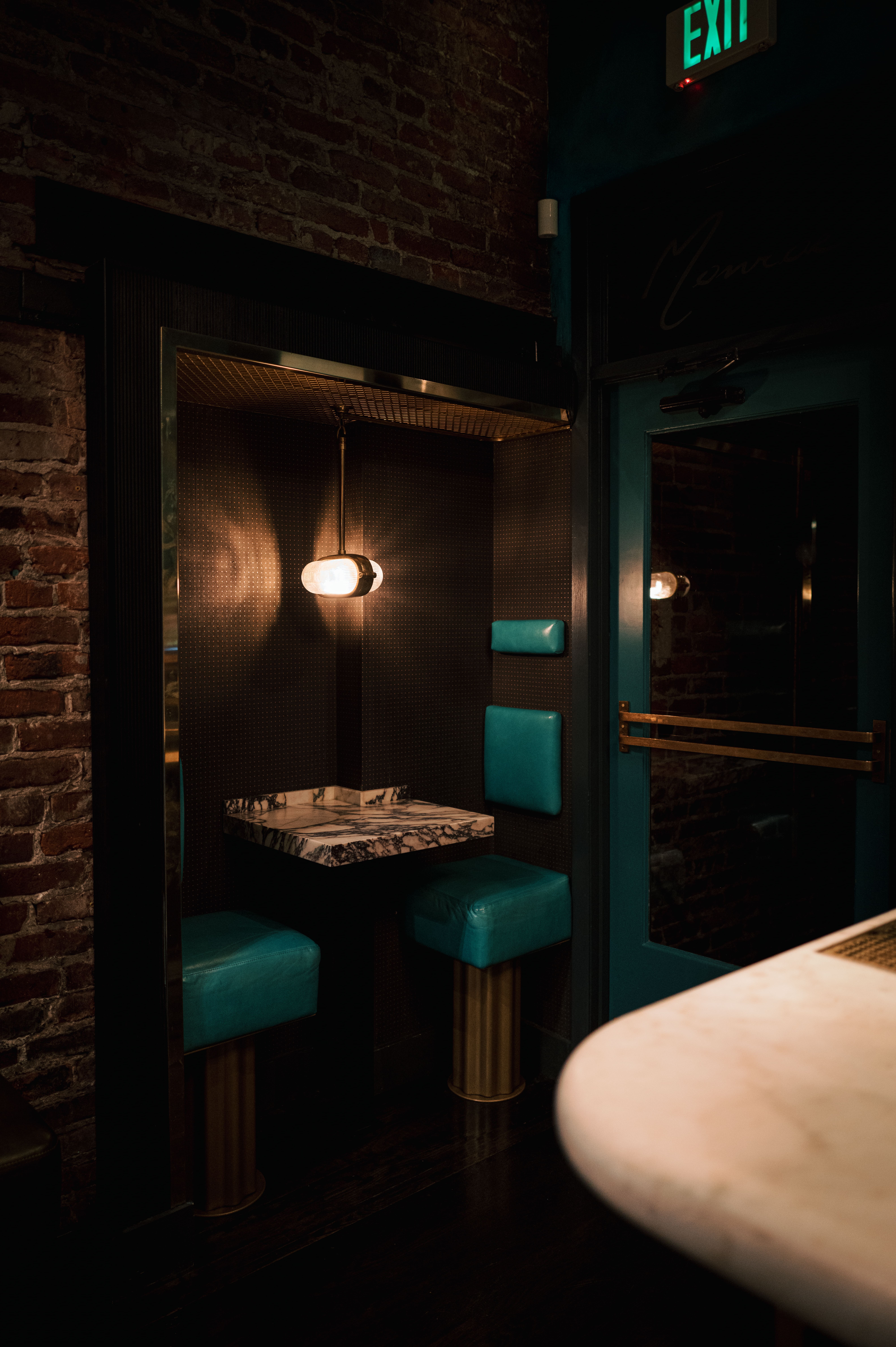 a bedroom with a large mirror