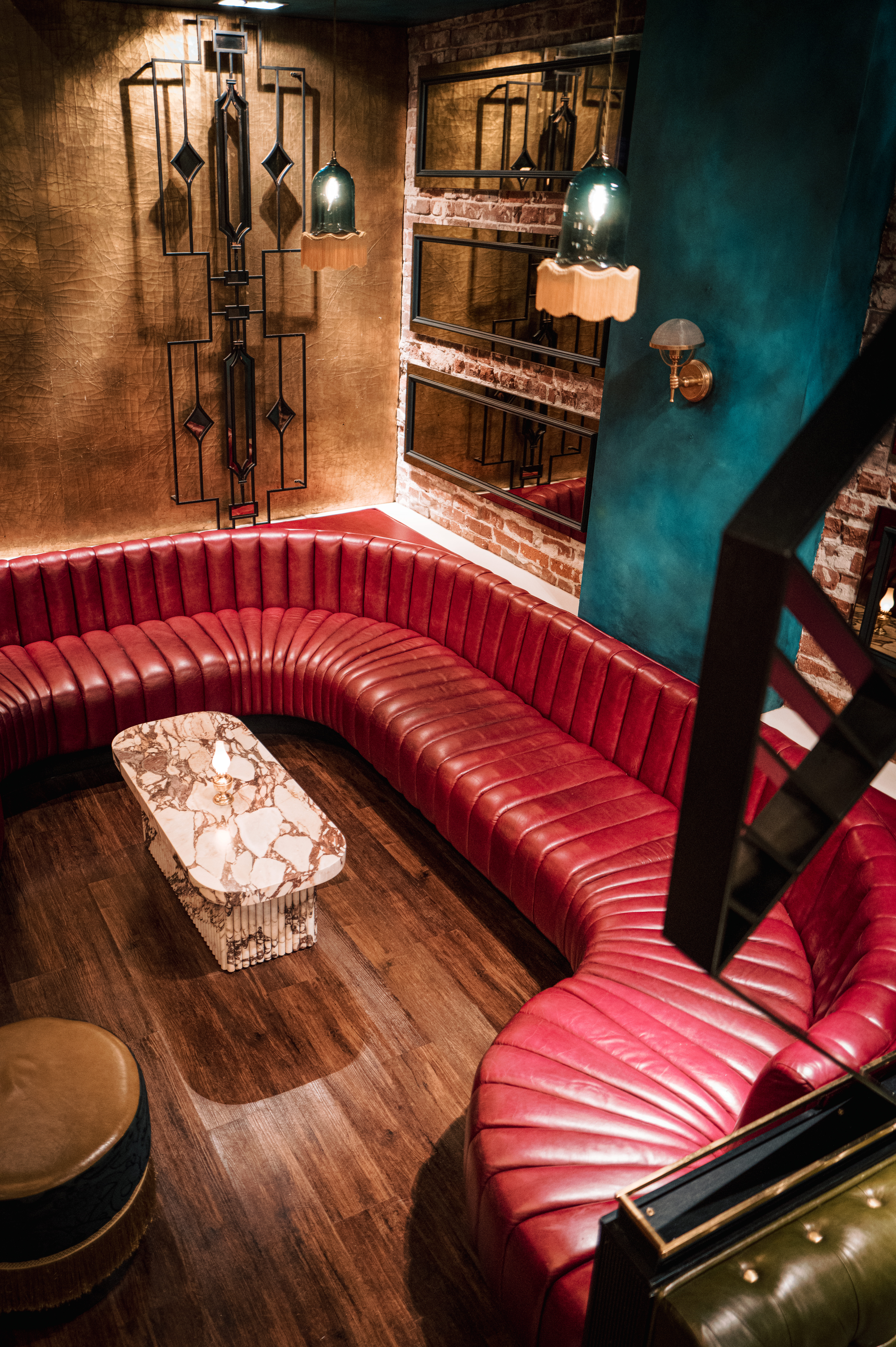 a living room with a leather chair