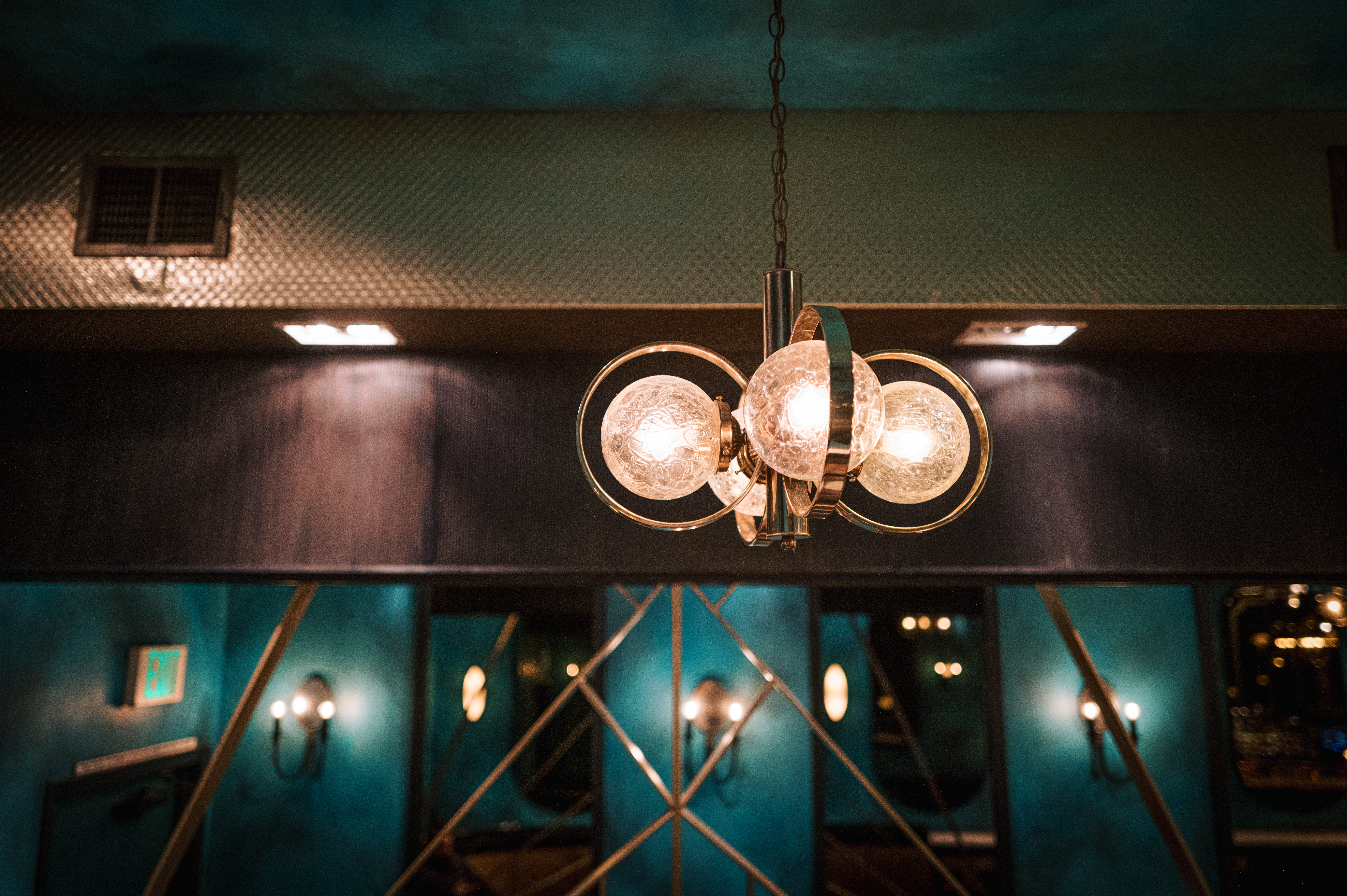 a clock hanging from the ceiling