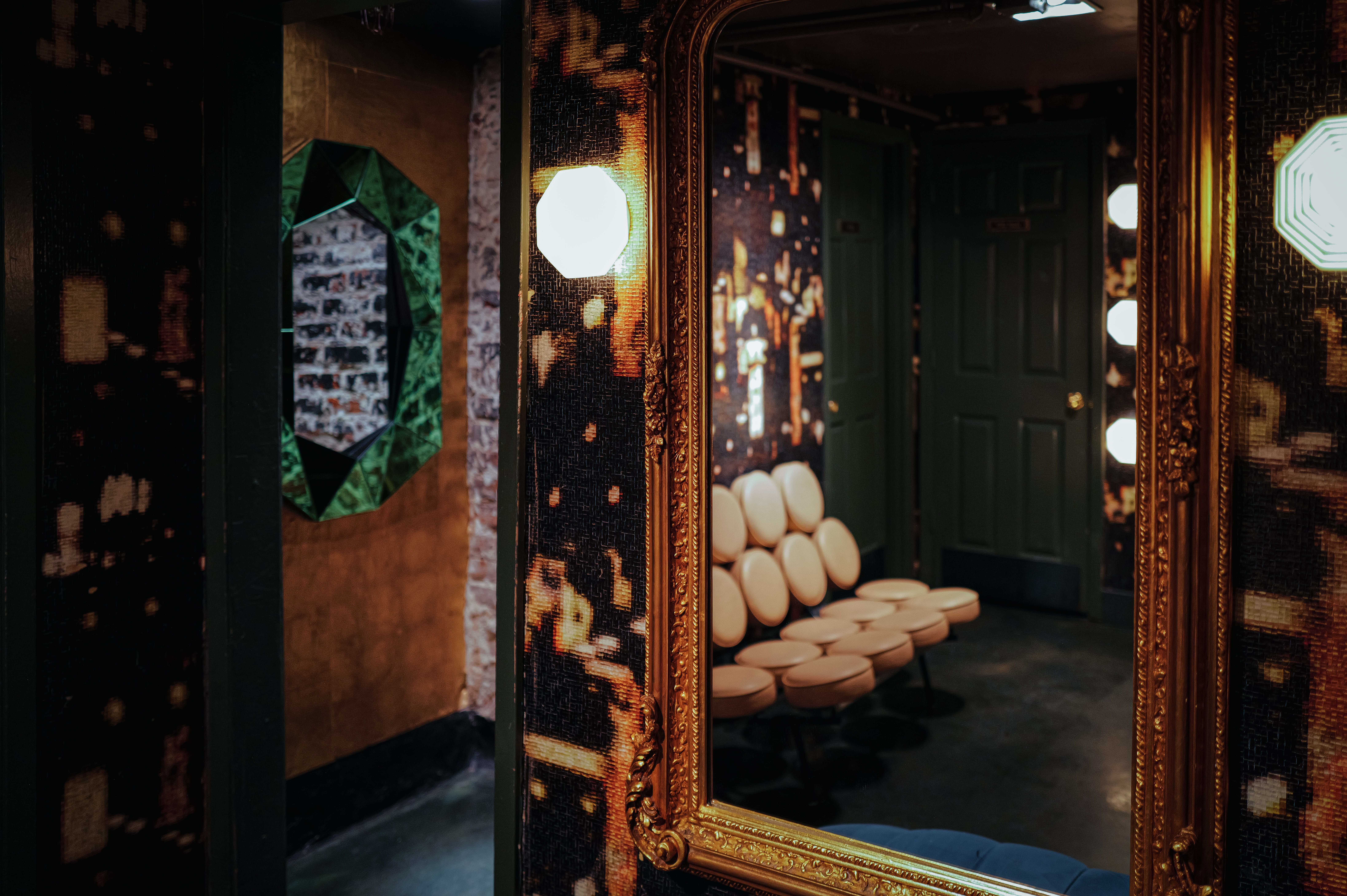 a clock sitting in the middle of a room