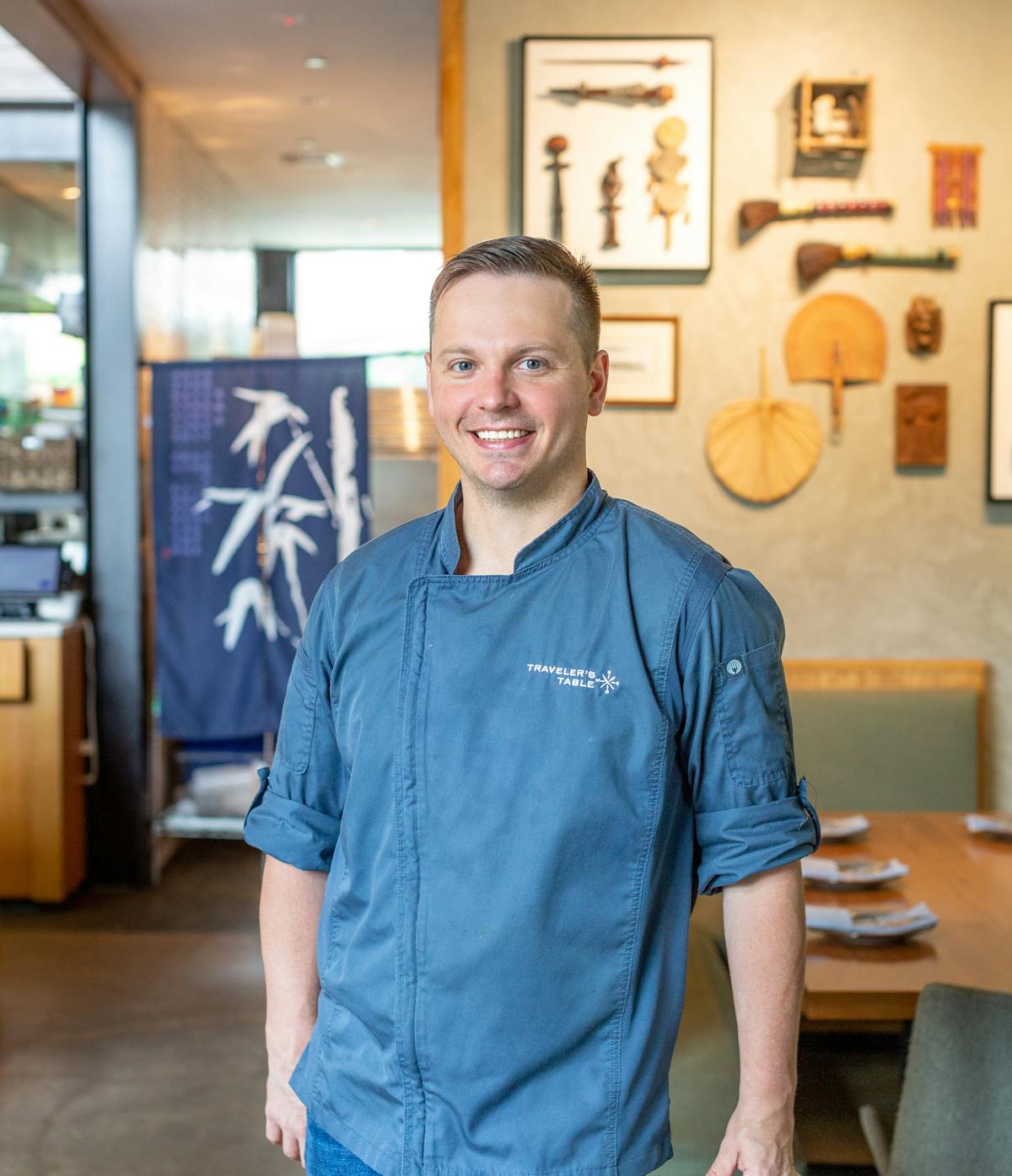 a man in a blue shirt