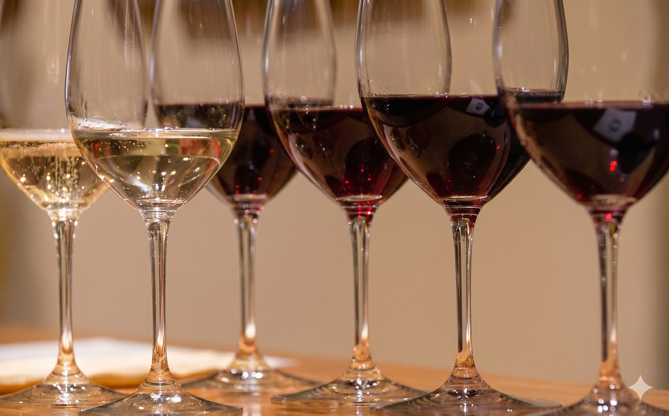 A row of wine glasses setup to taste at The Grove's Winemaker Dinner Series.