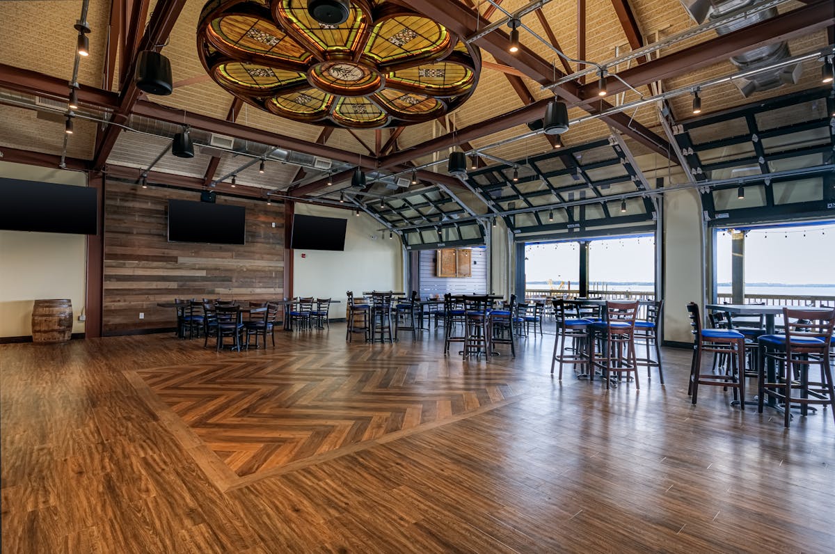 a large room with tables and chairs