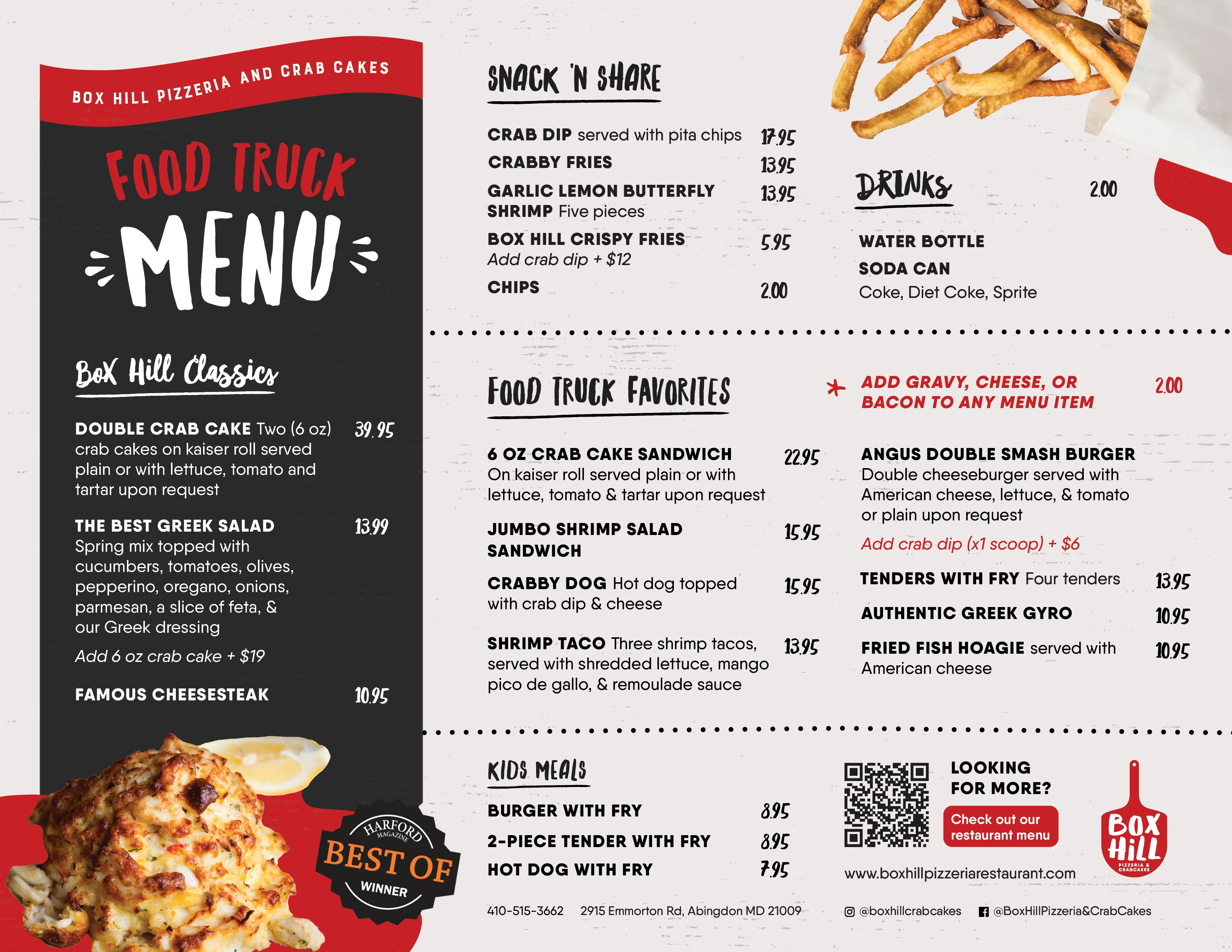 Food Truck Menu Box Hill Pizzeria Crab Cakes Seafood Pizza Restaurant in Abingdon MD