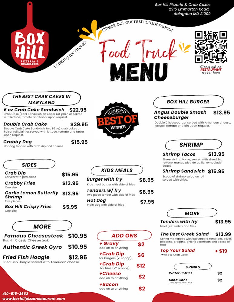 Food Truck Opening Menu Box Hill Pizzeria & Crab Cakes Seafood
