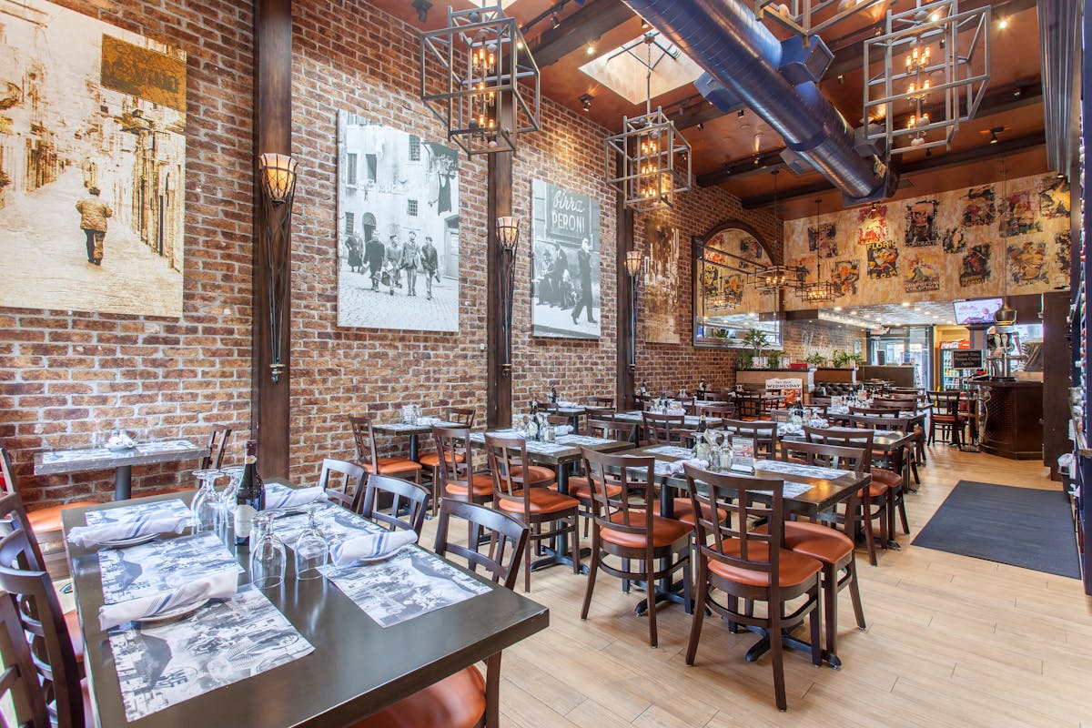 a dining room table in front of a building