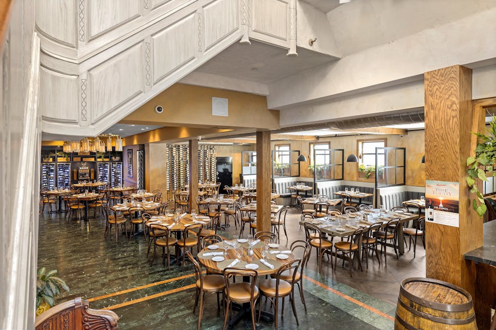 a dining room table in front of a building