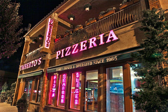 a store front at night