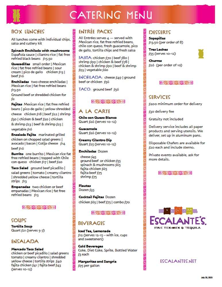 Catering Menu Escalante's Fine TexMex & Tequila