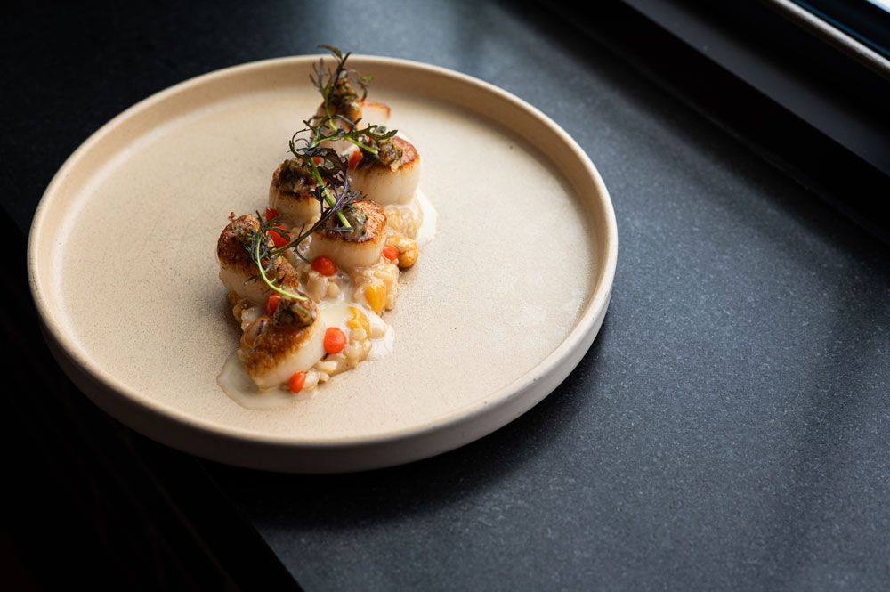 a plate of food on a black surface