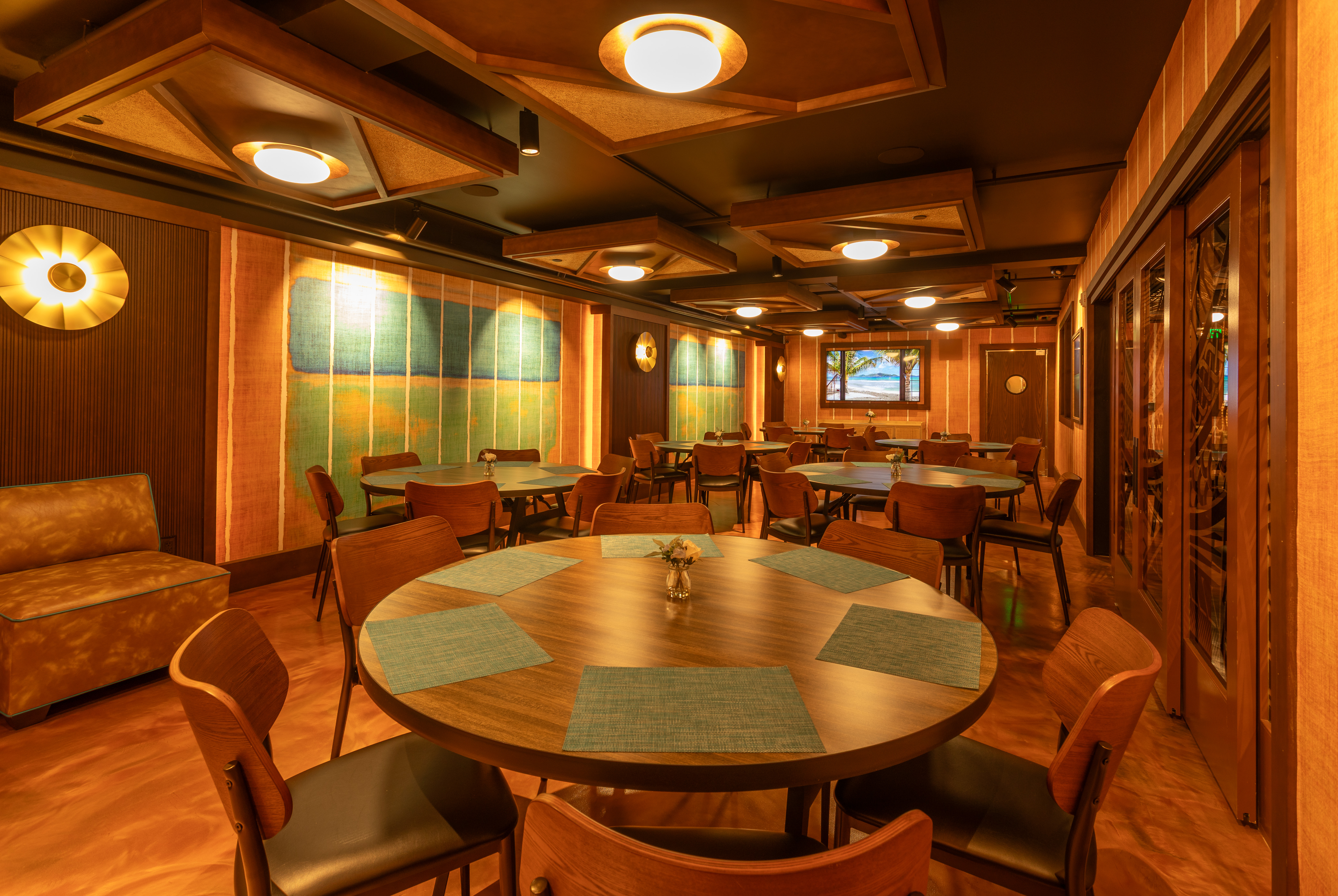 a room with tables and chairs