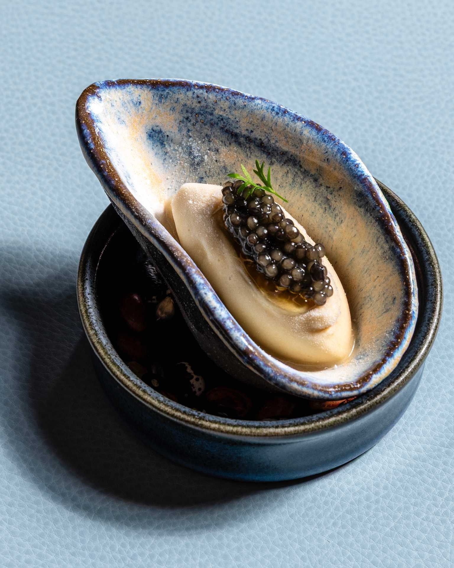 a shell with black caviar on it