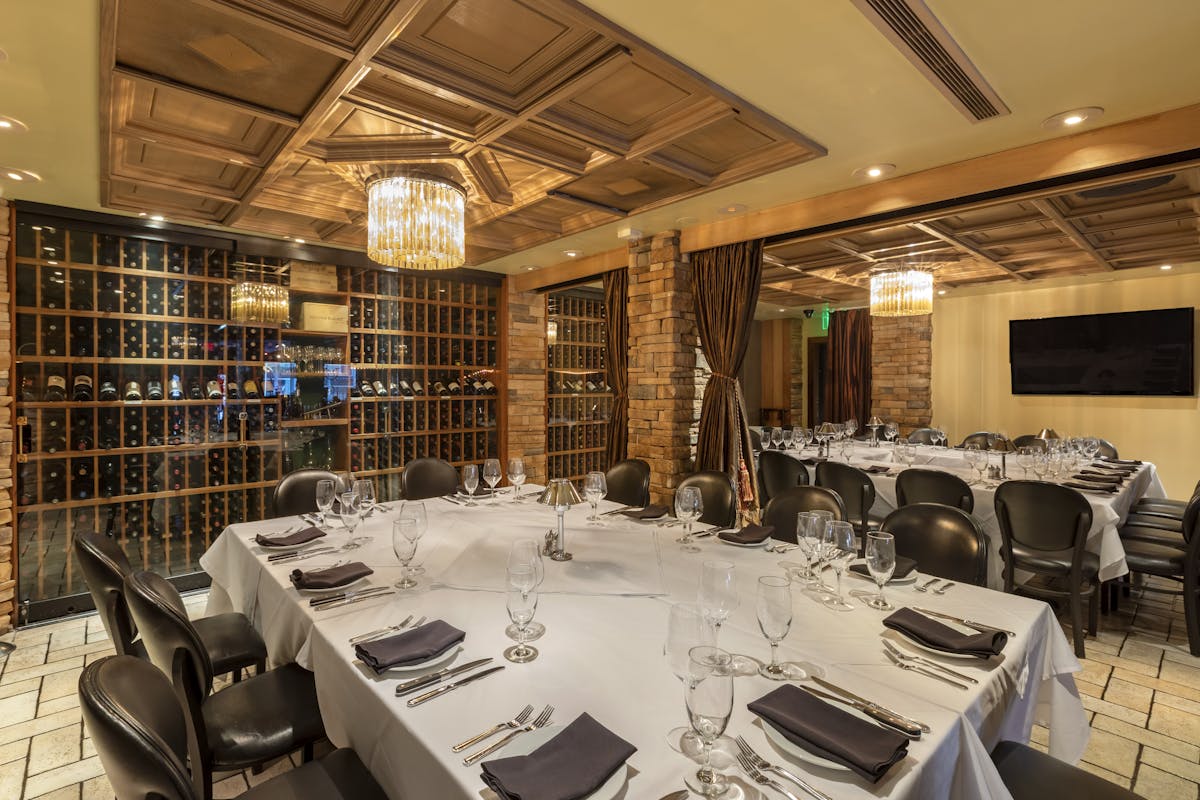 a dining room with a wine cellar