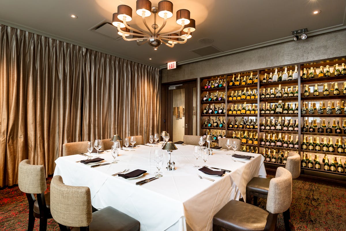 a dining room with a wine cellar