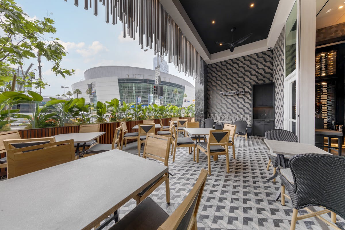 a dining room table in front of a building
