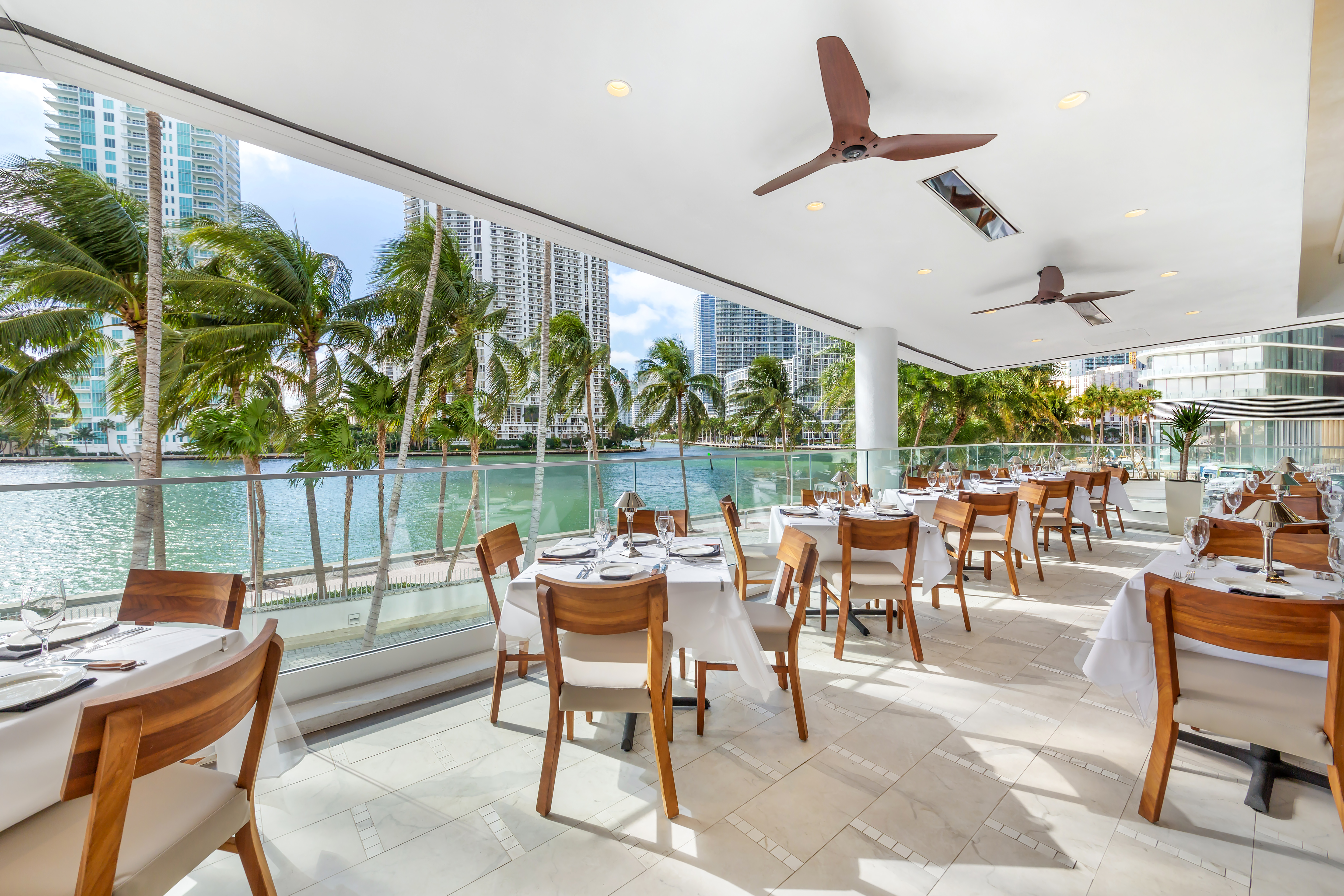 a dining room table in front of a building