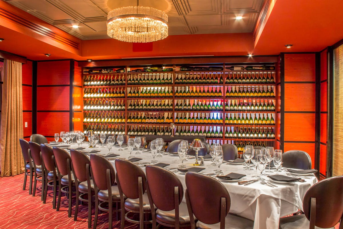 a dining room with a wine cellar