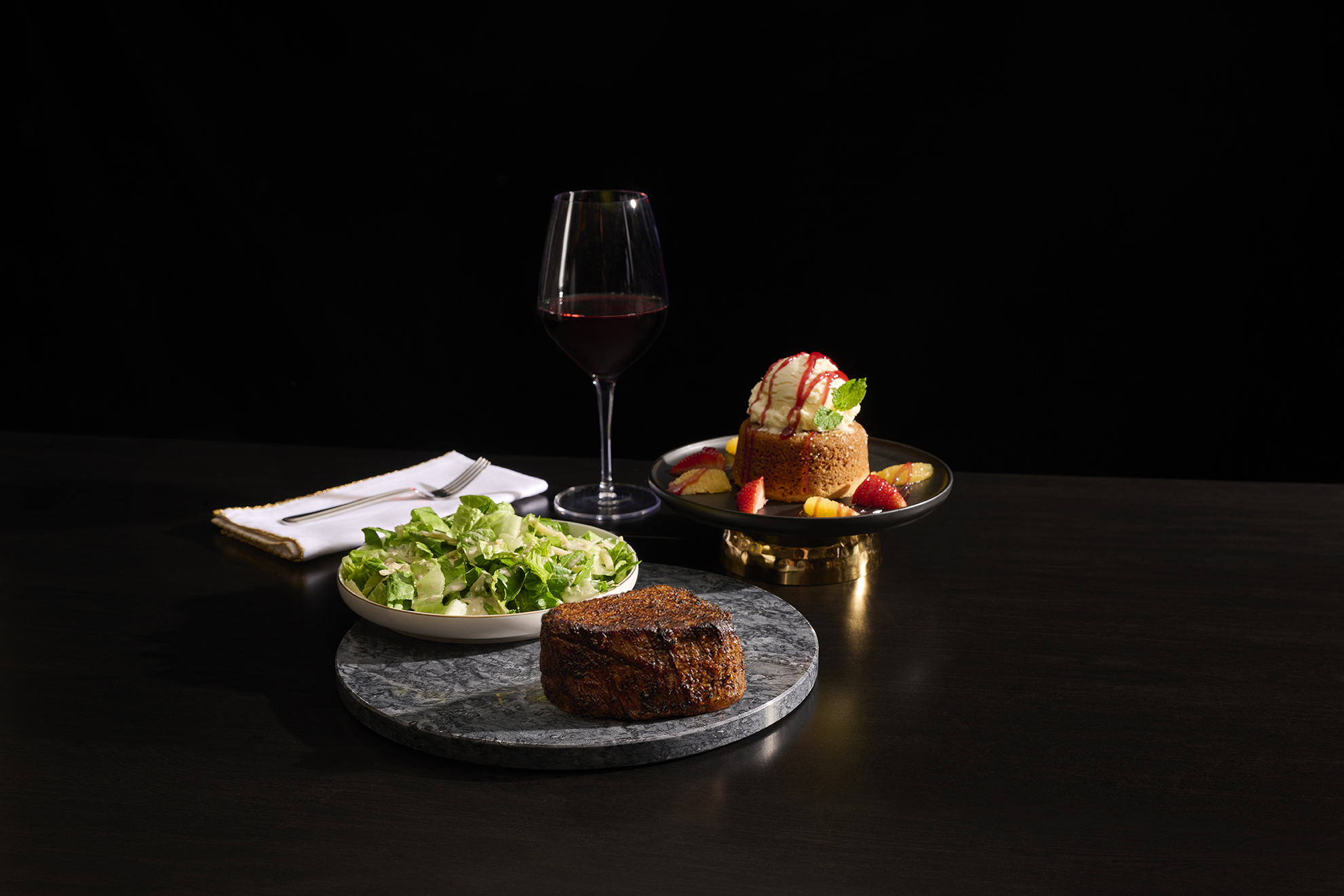 Filet, salad, and Butter Cake