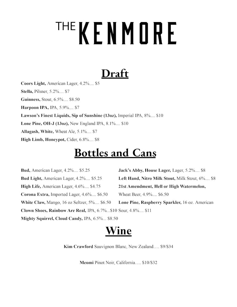 Menus The Kenmore in Boston, MA