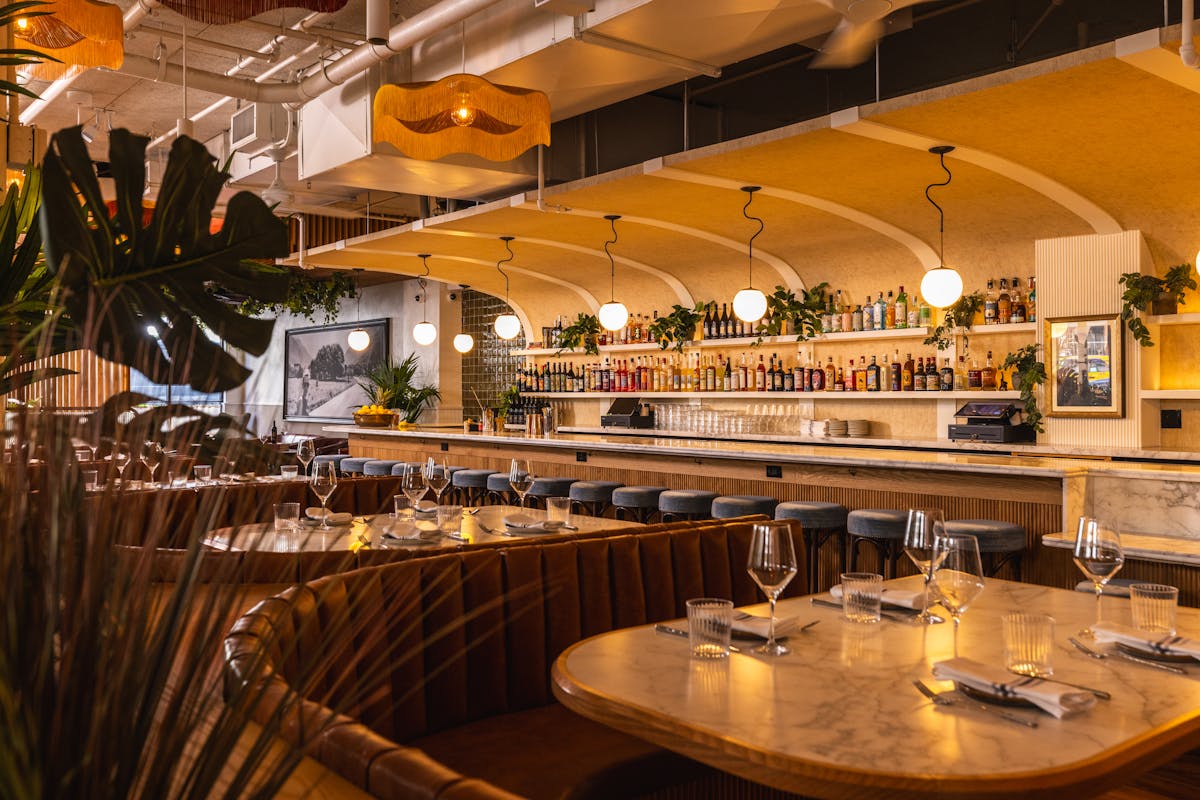 a long table in a restaurant