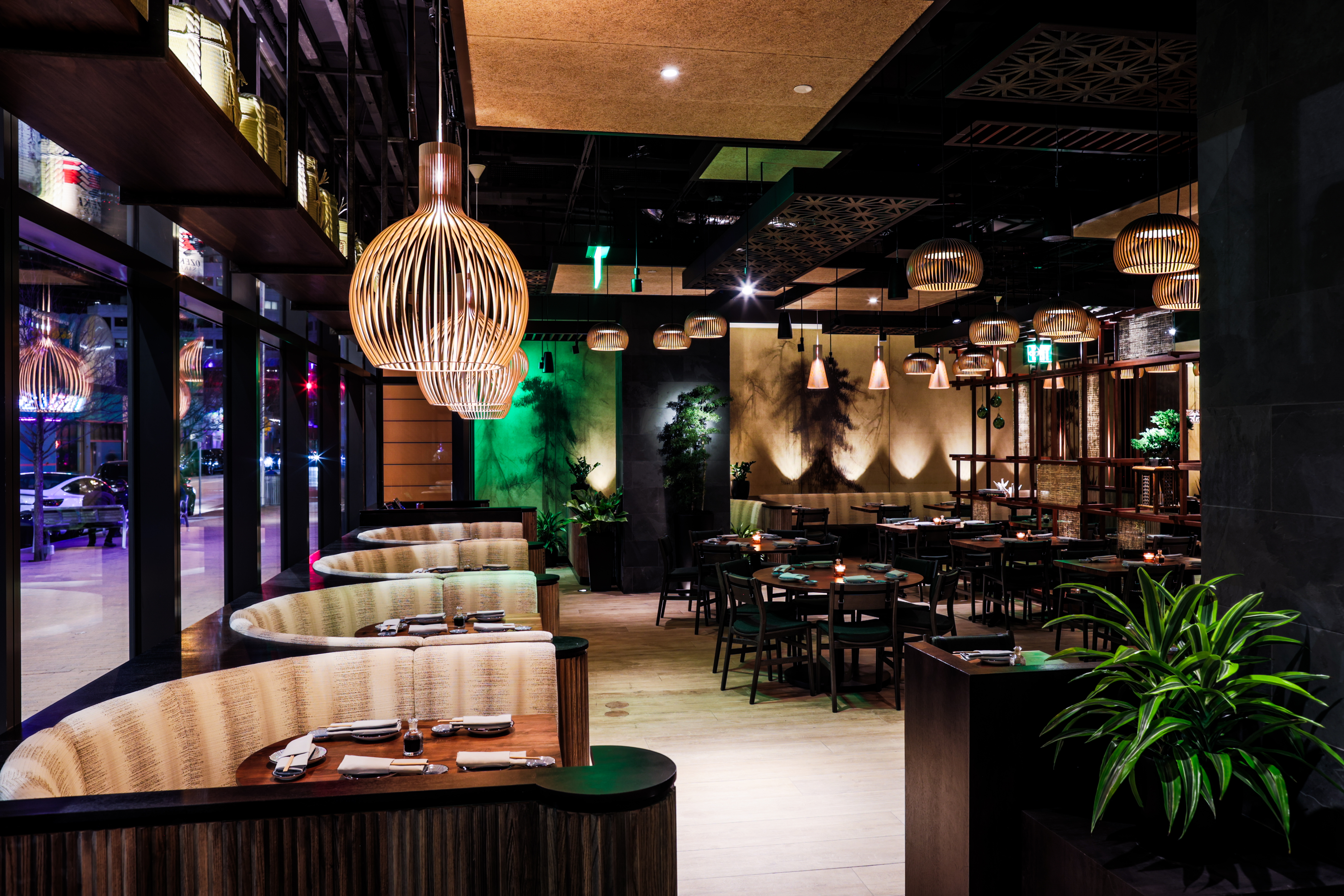 a dining room table in front of a store