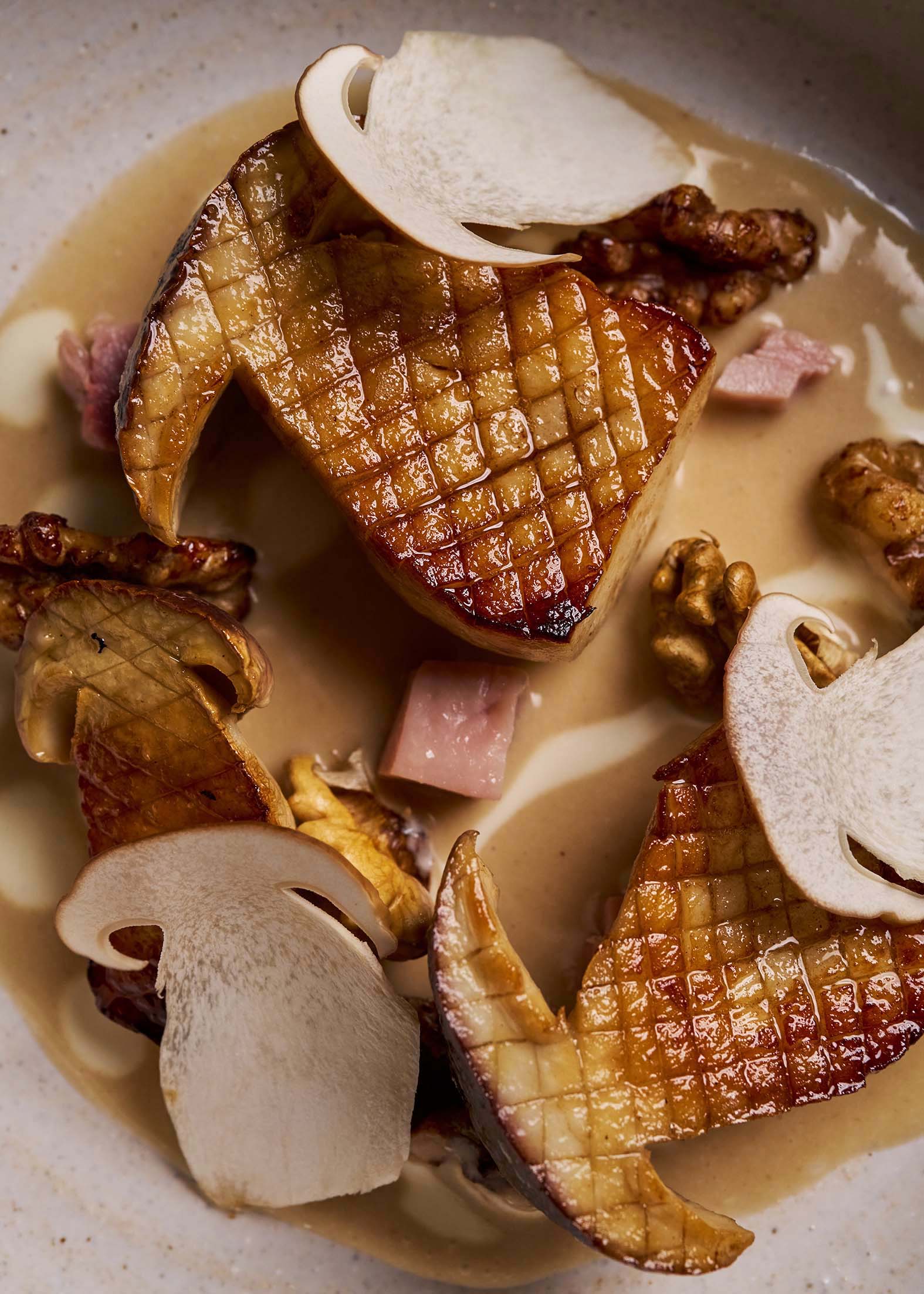 a plate of food with a slice cut out