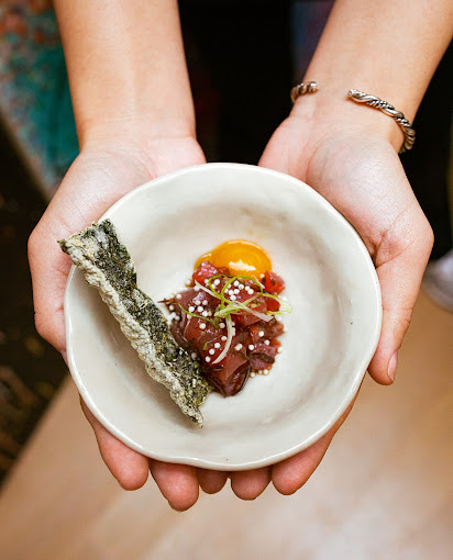 a plate of food over a table